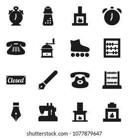 Flat vector icon set - hand mill vector, pen, alarm clock, abacus, roller Skates, classic phone, fireplace, closed, sewing machine