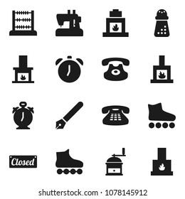 Flat vector icon set - hand mill vector, pen, alarm clock, abacus, roller Skates, classic phone, fireplace, closed, sewing machine
