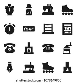 Flat vector icon set - hand mill vector, pen, alarm clock, abacus, roller Skates, classic phone, fireplace, closed, sewing machine