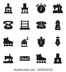 Flat vector icon set - hand mill vector, pen, alarm clock, abacus, roller Skates, classic phone, fireplace, closed, sewing machine