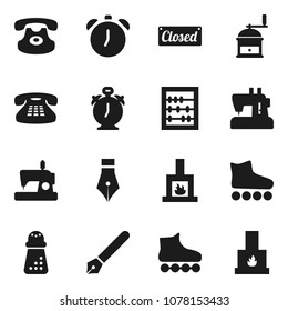 Flat vector icon set - hand mill vector, pen, alarm clock, abacus, roller Skates, classic phone, fireplace, closed, sewing machine