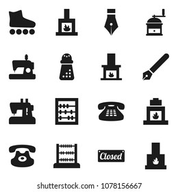 Flat vector icon set - hand mill vector, pen, abacus, roller Skates, classic phone, fireplace, closed, sewing machine