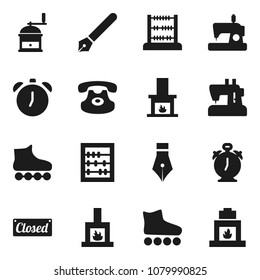 Flat vector icon set - hand mill vector, pen, alarm clock, abacus, roller Skates, classic phone, fireplace, closed, sewing machine