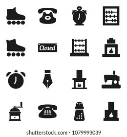 Flat vector icon set - hand mill vector, pen, alarm clock, abacus, roller Skates, classic phone, fireplace, closed, sewing machine