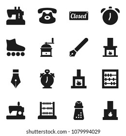 Flat vector icon set - hand mill vector, pen, alarm clock, abacus, roller Skates, classic phone, fireplace, closed, sewing machine