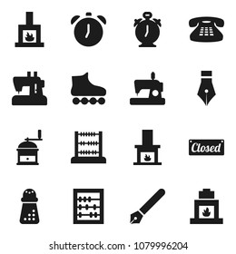 Flat vector icon set - hand mill vector, pen, alarm clock, abacus, roller Skates, classic phone, fireplace, closed, sewing machine