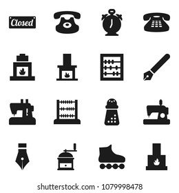 Flat vector icon set - hand mill vector, pen, alarm clock, abacus, roller Skates, classic phone, fireplace, closed, sewing machine