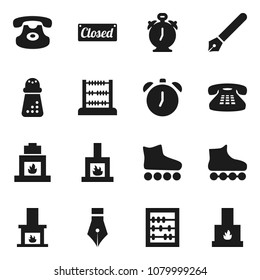 Flat vector icon set - hand mill vector, pen, alarm clock, abacus, roller Skates, classic phone, fireplace, closed