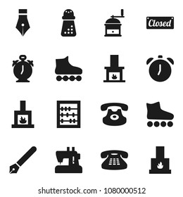 Flat vector icon set - hand mill vector, pen, alarm clock, abacus, roller Skates, classic phone, fireplace, closed, sewing machine