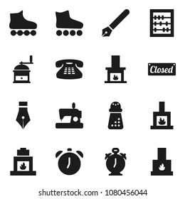 Flat vector icon set - hand mill vector, pen, alarm clock, abacus, roller Skates, classic phone, fireplace, closed, sewing machine