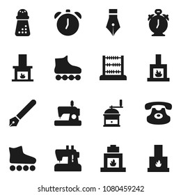 Flat vector icon set - hand mill vector, pen, alarm clock, abacus, roller Skates, classic phone, fireplace, sewing machine
