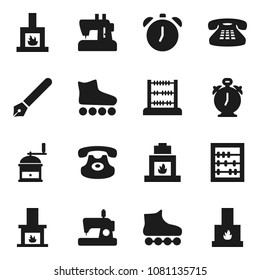 Flat vector icon set - hand mill vector, pen, alarm clock, abacus, roller Skates, classic phone, fireplace, sewing machine