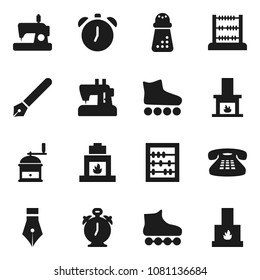 Flat vector icon set - hand mill vector, pen, alarm clock, abacus, roller Skates, classic phone, fireplace, sewing machine
