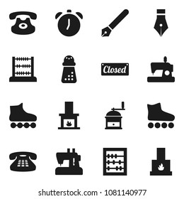 Flat vector icon set - hand mill vector, pen, alarm clock, abacus, roller Skates, classic phone, fireplace, closed, sewing machine