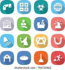 flat vector icon set - hand coin vector, calculator, biohazard, globe, office, client, customs control, alarm, bell, satellite antenna, pretzel, horseshoe, barn, bread, plunger, vacuum cleaner