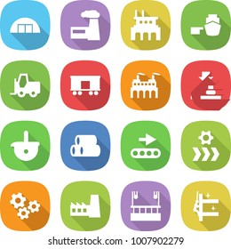 flat vector icon set - hangare vector, factory, port, fork loader, railroad shipping, press, ladle, pipes, conveyor, gears, skysrcapers cleaning, skyscrapers