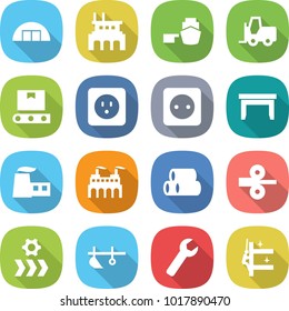 flat vector icon set - hangare vector, factory, port, fork loader, transporter tape, power socket, table, pipes, metal rolling, conveyor, plow, wrench, skyscrapers cleaning