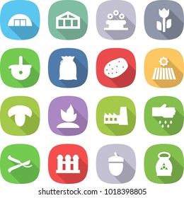 flat vector icon set - hangare vector, greenhouse, flower bed, perishable, ladle, flour, potato, field, mushroom, sprouting, factory, sow, pruner, grain elevator, acorn, fertilizer