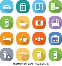 flat vector icon set - hangare vector, arch window, plan, hotel, do not distrub, bath, wardrobe, dresser, bed, bucket and broom, hard reach place cleaning, utility room, brooming, iron board