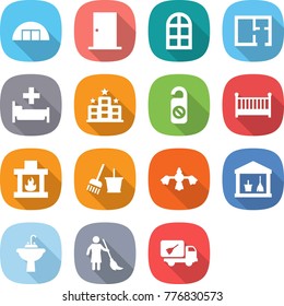 flat vector icon set - hangare vector, door, arch window, plan, hospital, hotel, do not distrub, crib, fireplace, bucket and broom, hard reach place cleaning, utility room, water tap sink, brooming