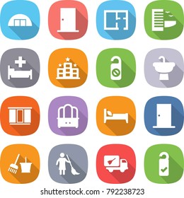 flat vector icon set - hangare vector, door, plan, hotel, hospital, do not distrub, sink, wardrobe, dresser, bed, bucket and broom, brooming, home call cleaning, please clean