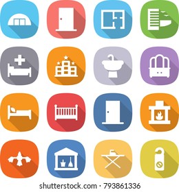 flat vector icon set - hangare vector, door, plan, hotel, hospital, sink, dresser, bed, crib, fireplace, hard reach place cleaning, utility room, iron board, do not distrub