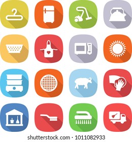 flat vector icon set - hanger vector, fridge, vacuum cleaner, kettle, colander, apron, microwave oven, gas, double boiler, sieve, sheep, wiping, utility room, brush, home call cleaning