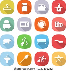 flat vector icon set - hanger vector, fridge, kettle, apron, toaster, microwave oven, gas, food processor, sheep, vacuum cleaner, sponge, brush, water tap sink, duster, iron board