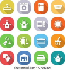 flat vector icon set - hanger vector, washing machine, fridge, colander, apron, microwave oven, gas, vacuum cleaner, sponge, wiping, utility room, brush