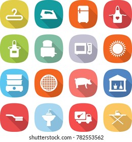 flat vector icon set - hanger vector, iron, fridge, apron, toaster, microwave oven, gas, double boiler, sieve, pig, utility room, brush, water tap sink, home call cleaning, board