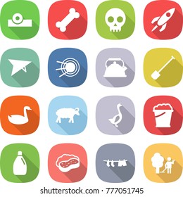 flat vector icon set - head reflector vector, bone, skull, rocket, deltaplane, satellite, kettle, shovel, goose, sheep, foam bucket, cleanser, sponge with, drying clothes, garden cleaning
