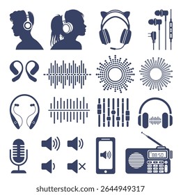 Flat Vector Icon Set -  headphones, earphones, sound waves, audio equipment, and media devices, representing modern music and sound technology.
