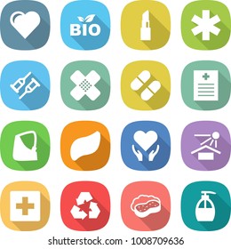 flat vector icon set - heart vector, bio, lipstick, ambulance star, crutch, medical patch, pill, recipe, broken hand, liver, health care, sun potection, first aid, recycling, sponge with foam