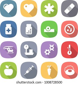 flat vector icon set - heart vector, ambulance star, medical patch, pills bottle, head reflector, microbe, helicopter, warehouse scales, dna edit, thermometer, apple, syringe, carrot, soap