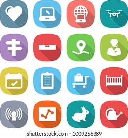 flat vector icon set - heart vector, notebook, globe, drone, singlepost, level, geo pin, support manager, terms, clipboard, baggage trolley, crib, antenna, analytics, rabbit, watering can