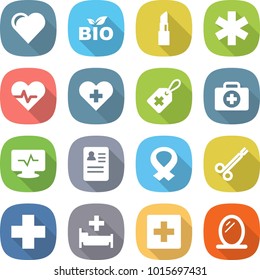 flat vector icon set - heart vector, bio, lipstick, ambulance star, pulse, cross, medical label, doctor case, monitor, anamnesis, harness, surgical clamp, hospital, first aid, mirror