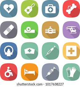 flat vector icon set - heart cross vector, medical label, doctor case, broken bone, patch, head reflector, hospital, ambulance helicopter, tomography, hat, syringe, first aid, invalid, bed, gloves