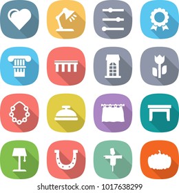 flat vector icon set - heart vector, table lamp, equalizer, medal, column, bridge, building, perishable, hawaiian wreath, service bell, curtain, floor, horseshoe, scarecrow, pumpkin
