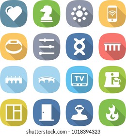 flat vector icon set - heart vector, chess horse, round around, phone wireless, smart bracelet, equalizer, dna, bridge, tv, coffee maker, window, door, vr helmet, fire