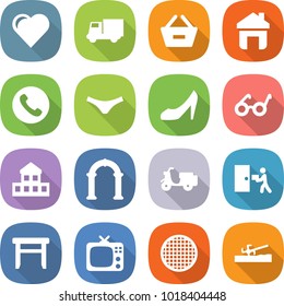flat vector icon set - heart vector, truck, remove from basket, home, phone, underpants, shoes, pacemaker, cottage, arch, scooter shipping, courier delivery, stool, tv, sieve, soil cutter