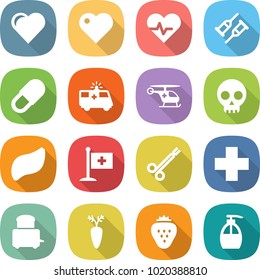flat vector icon set - heart vector, pulse, crutch, pill, ambulance car, helicopter, skull, liver, medical flag, surgical clamp, cross, toaster, carrot, strawberry, liquid soap