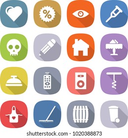 flat vector icon set - heart vector, percent, eye, crutch, skull, pencil, home, restaurant, service bell, remote control, speaker, corkscrew, apron, rake, barrel, trash bin