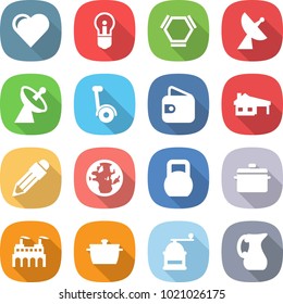 flat vector icon set - heart vector, bulb, hex molecule, satellite antenna, gyroscooter, wallet, house with garage, pencil, globe, heavy, pan, factory, hand mill, jug