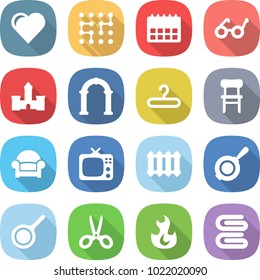 flat vector icon set - heart vector, chip, calendar, pacemaker, castle, arch, hanger, chair, armchair, tv, radiator, pan, scissors, fire, towel