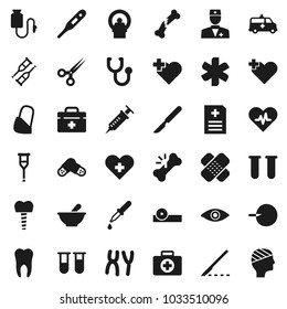 Flat vector icon set - heart cross vector, first aid kit, doctor bag, ambulance star, pulse, thermometer, vial, eye, insemination, syringe, dropper, crutches, scissors, scalpel, broken bone, patch
