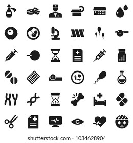Flat vector icon set - heart pulse vector, doctor, flask, eye, dna, pregnancy, insemination, syringe, scissors, broken bone, sand clock, pills, bottle, blister, hat, microscope, microbs, chromosomes