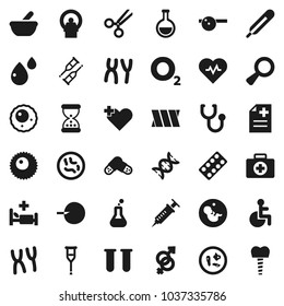 Flat vector icon set - heart pulse vector, first aid kit, oxygen, disabled, cross, thermometer, flask, vial, gender sign, dna, magnifier, pregnancy, insemination, syringe, crutches, scissors, pills