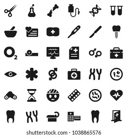 Flat vector icon set - heart monitor vector, first aid kit, oxygen, doctor bag, ambulance star, pulse, thermometer, flask, vial, eye, gender sign, dna, scissors, scalpel, broken bone, sand clock