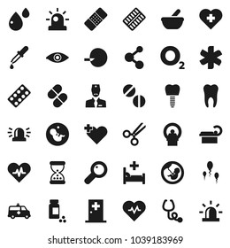 Flat vector icon set - heart pulse vector, pills vial, molecule, cross, oxygen, ambulance star, eye, magnifier, pregnancy, insemination, dropper, scissors, sand clock, patch, stethoscope, blister