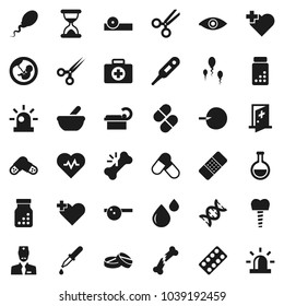 Flat vector icon set - heart pulse vector, pills vial, cross, first aid kit, thermometer, flask, eye, dna, pregnancy, insemination, dropper, scissors, broken bone, sand clock, patch, bottle, blister